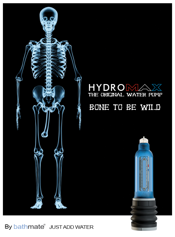 世界NO.1ペニスポンプ　バスメイト ハイドロマックスの広告イメージ：ハイドロマックス：「ペニスに骨が！」