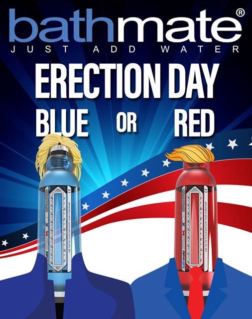 世界NO.1ペニスポンプ　バスメイト ハイドロマックスの広告イメージ：ハイドロマックス：「勝つのは青、それとも赤？」